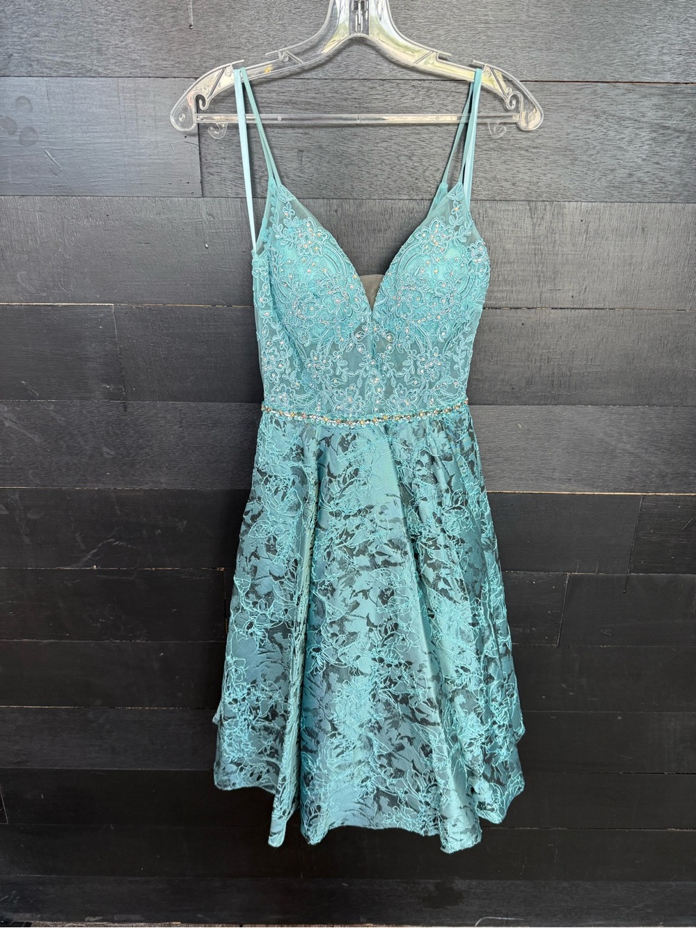 Aspeed Teal Lace Party Dress with Beaded Waistband